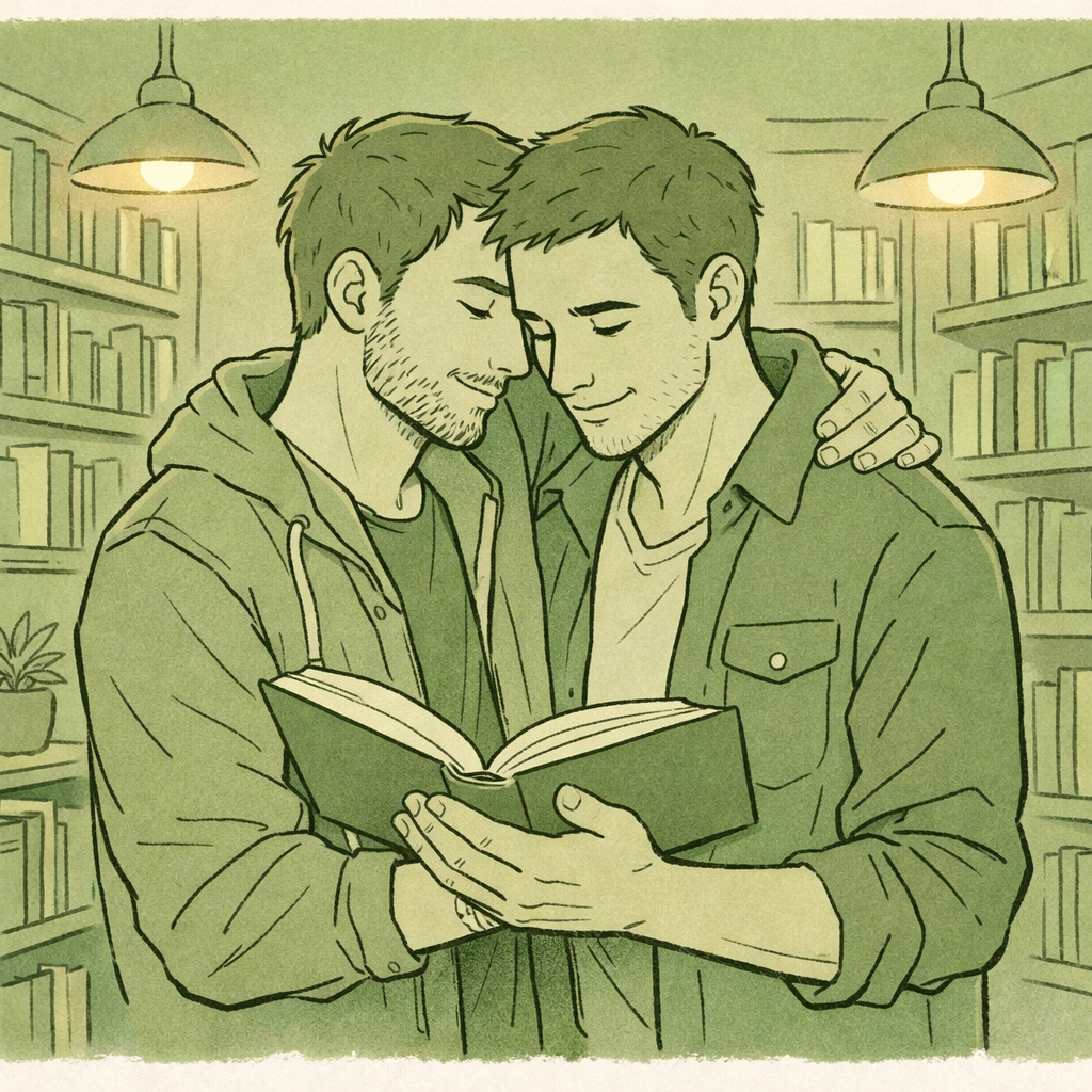 Gay couple embraces in bookstore sharing literary MM romance, symbolizing queer fiction community