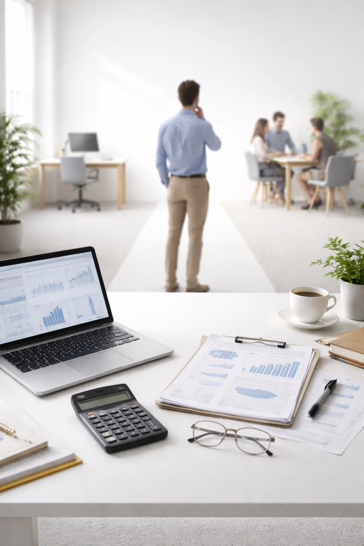 Modern accounting firm workspace with desk, laptop, and team areas, highlighting IT service options for accountants