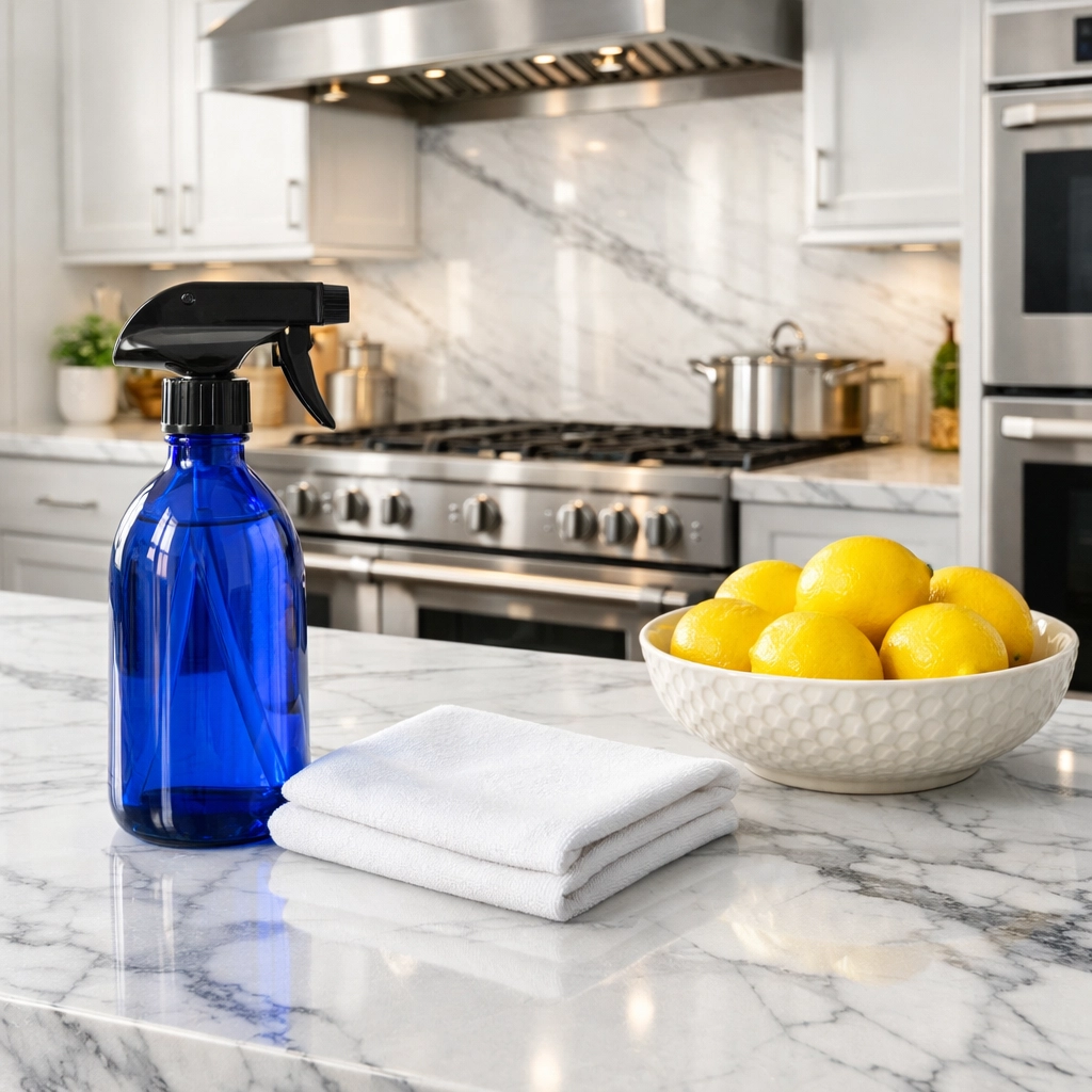 Eco-friendly house cleaning in Harvard MA featuring streak-free marble countertops and stainless steel appliances.