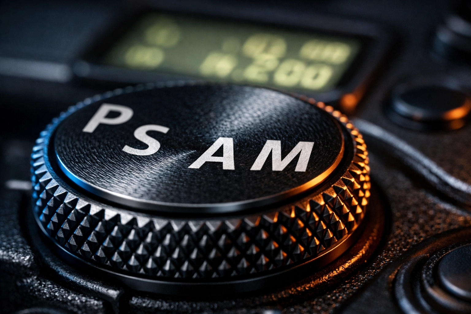 Close-up of a camera mode dial showing manual and aperture priority settings for beginner photography.