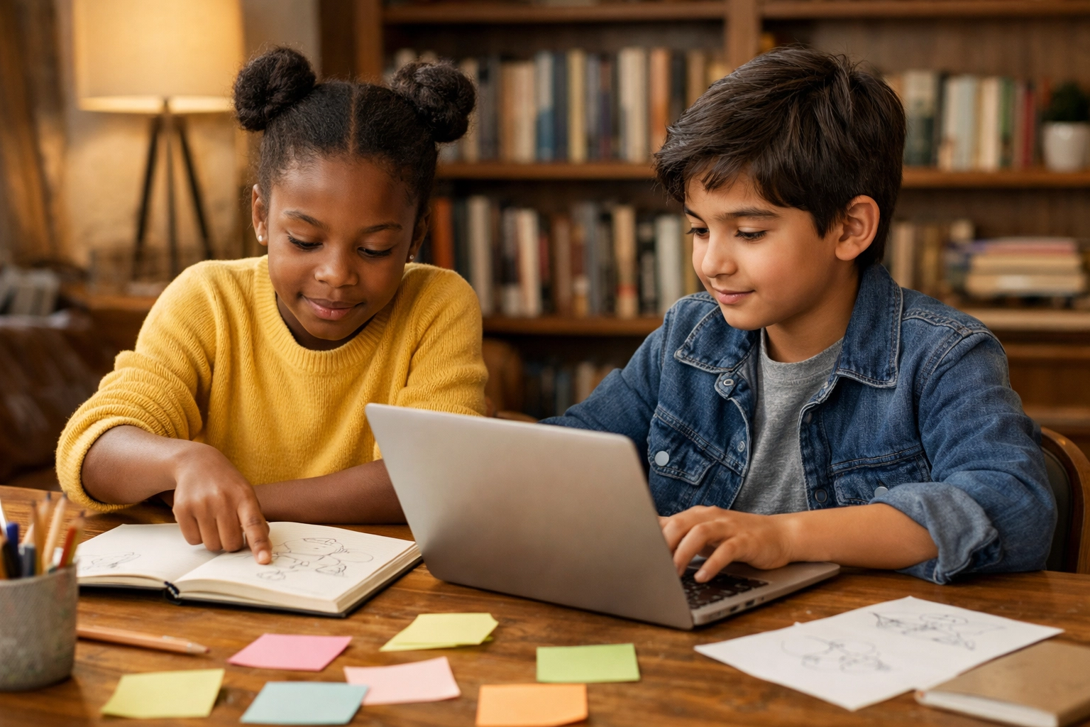 Two children collaborating on a story with a laptop, notebook, and sticky notes in a cozy study space.