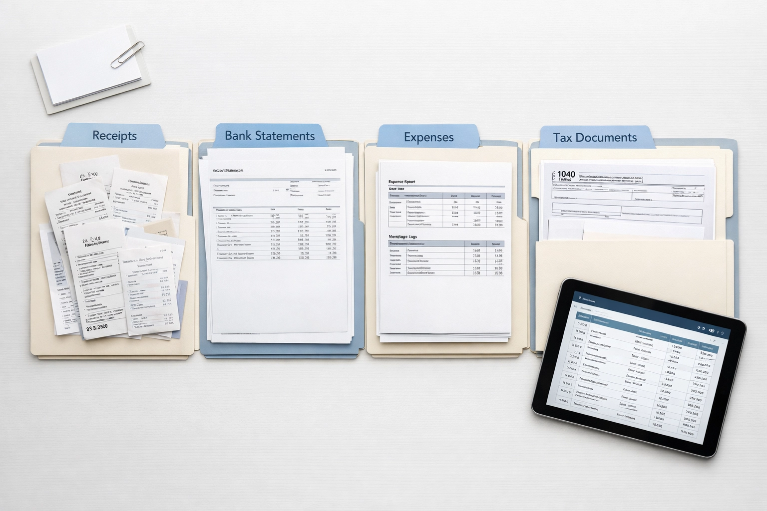 Organized tax receipts and expense documentation in folders for proper record-keeping