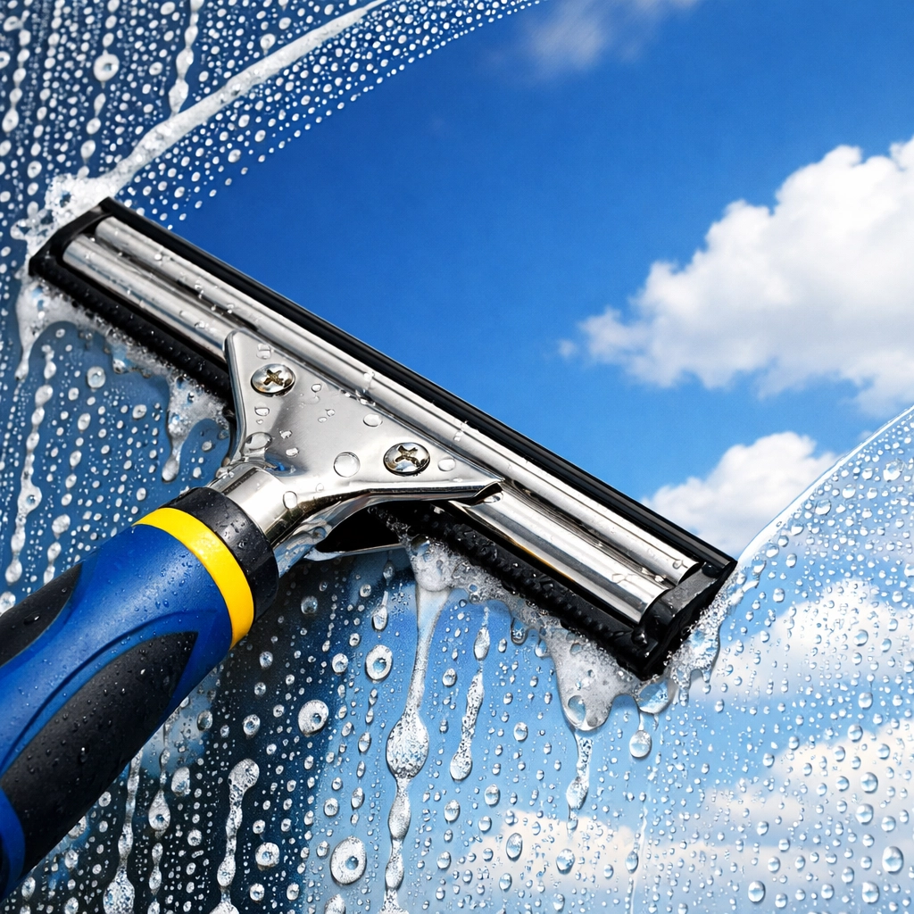 A professional squeegee creating a streak-free path on a window with a blue sky reflection.
