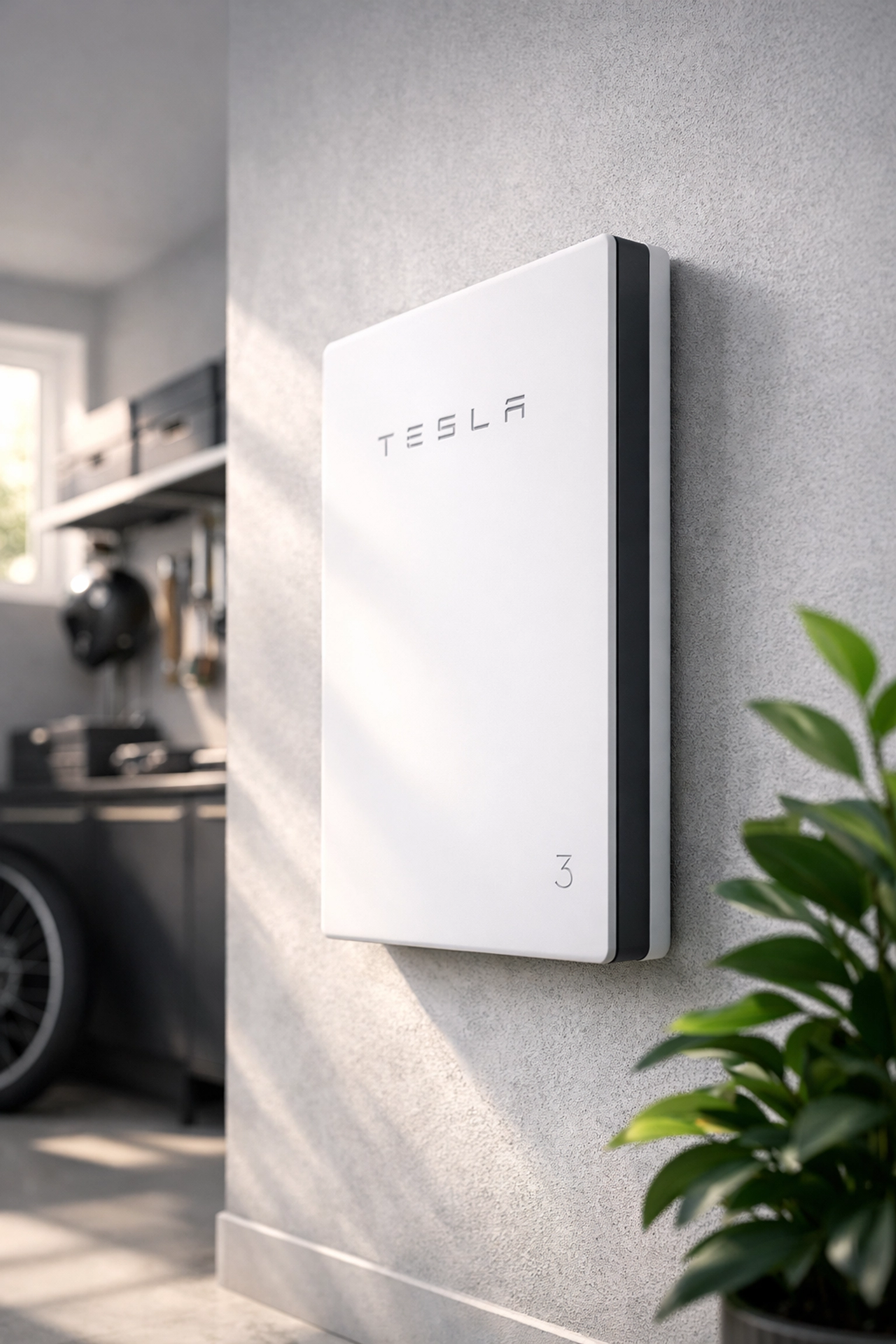 Modern Tesla Powerwall 3 solar battery installation in a contemporary home garage.