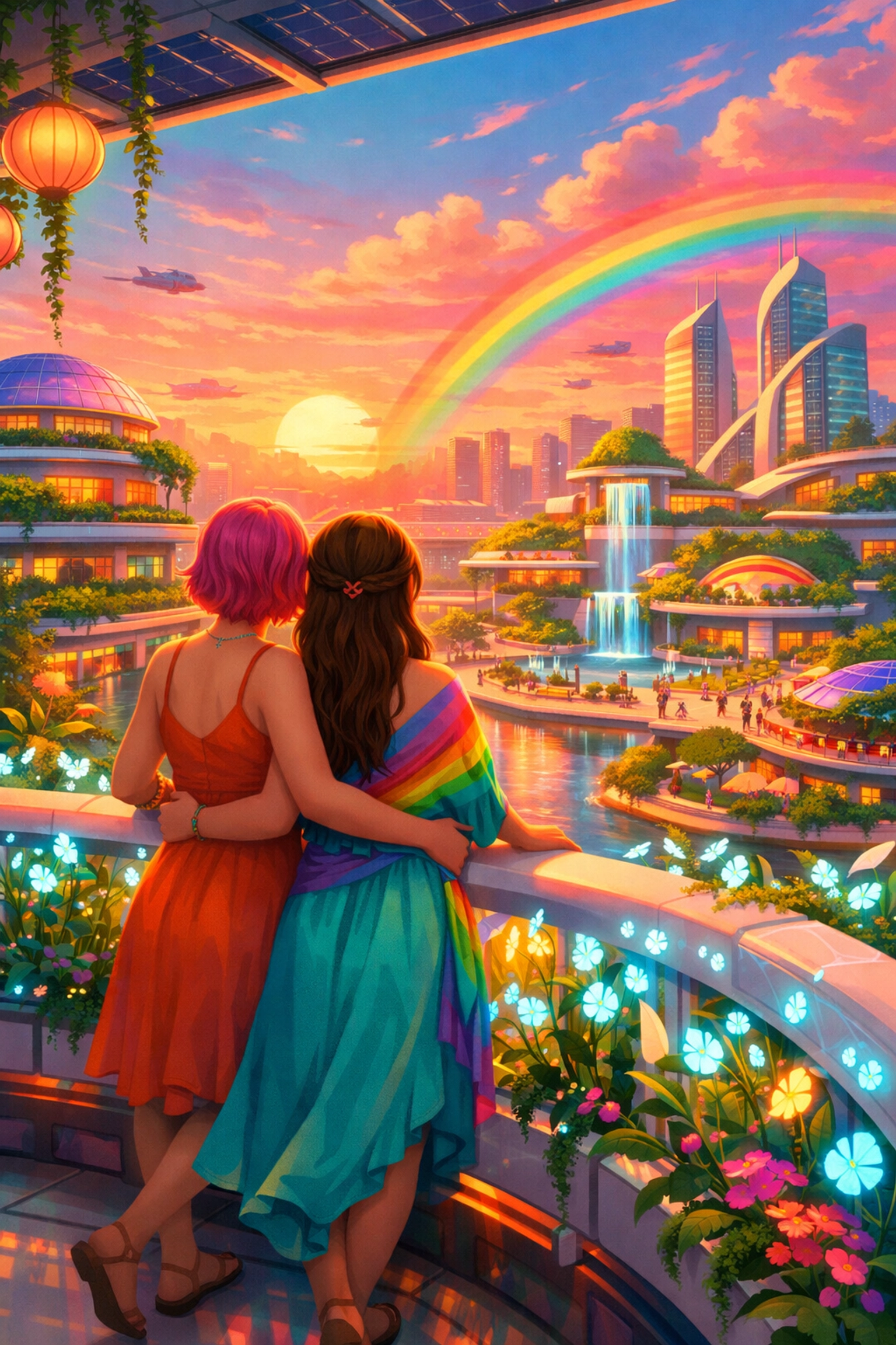 A lesbian couple overlooking a peaceful futuristic city at sunset, representing a queer art utopia.