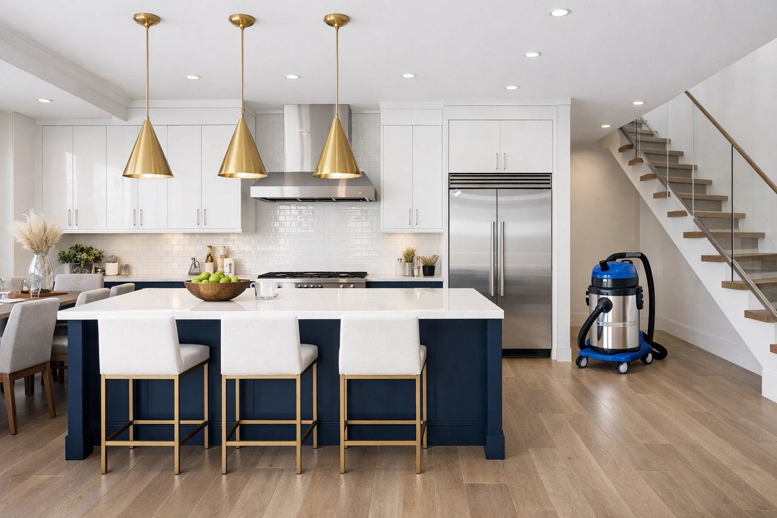 Spotless modern kitchen in North Andover featuring a HEPA vacuum used by professional cleaners Massachusetts.