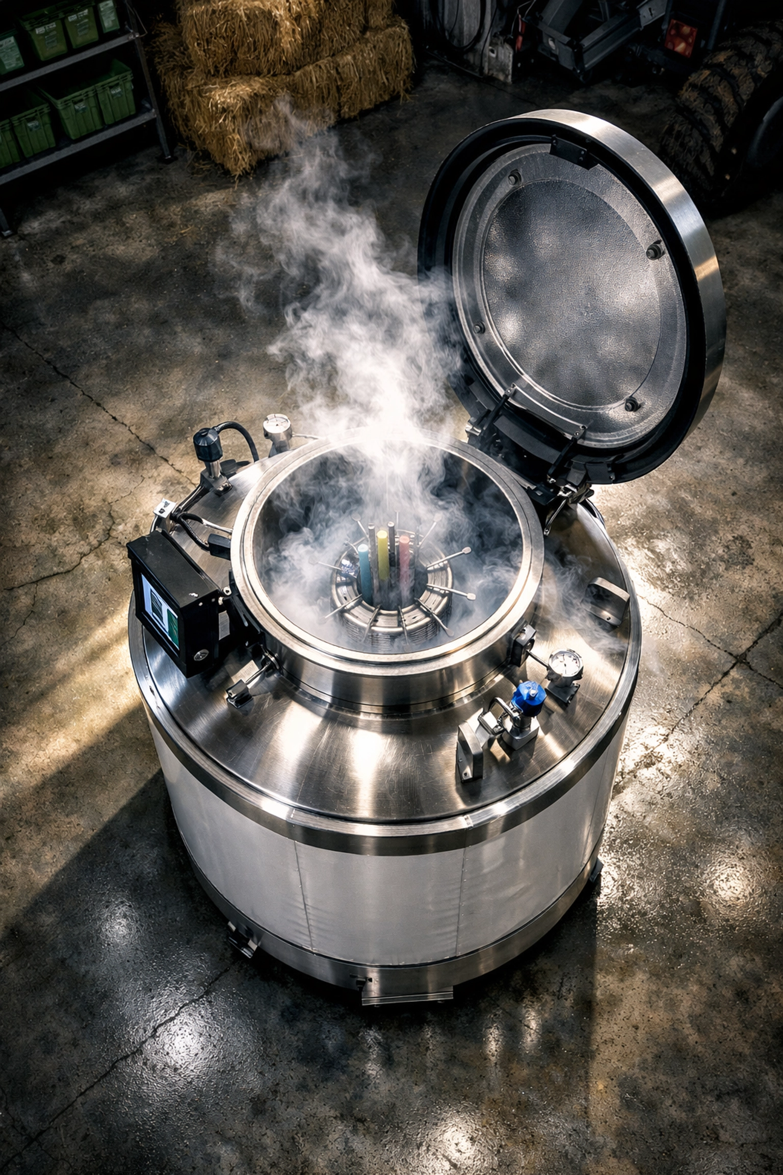 Liquid nitrogen tank storing frozen livestock genetics for international export and breeding programs