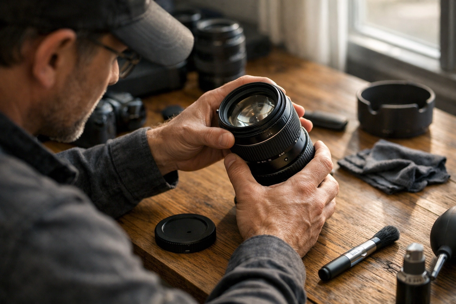 A professional photographer inspecting a camera lens at a workstation, illustrating expert job preparation.
