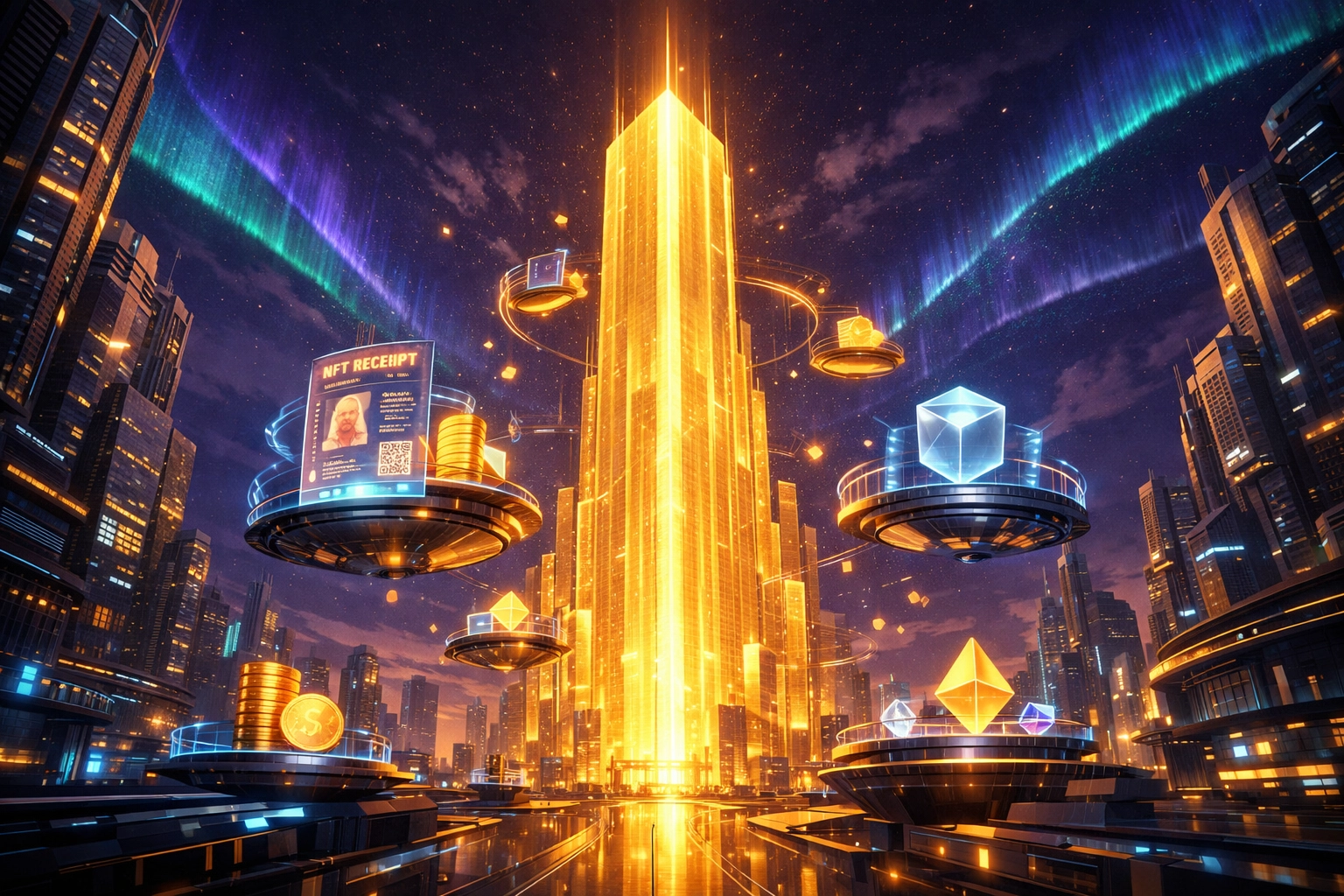 Scalable Larecoin digital metropolis showing the secure Layer 1 blockchain and NFT receipt ecosystem.