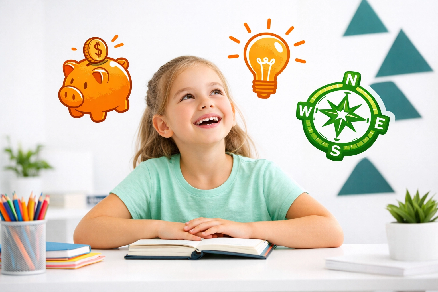 Young girl at her desk inspired by life skills illustrations representing financial and purpose discovery.