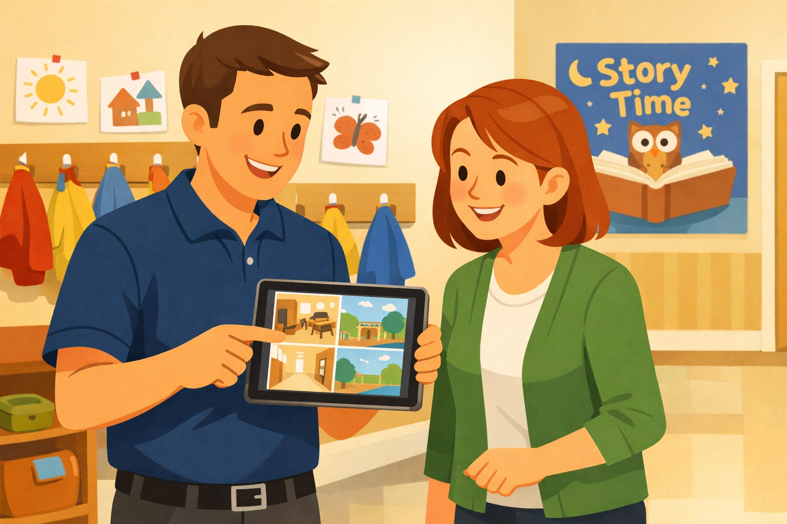 Security expert showing a nursery manager live CCTV feeds on a tablet during a system training session.