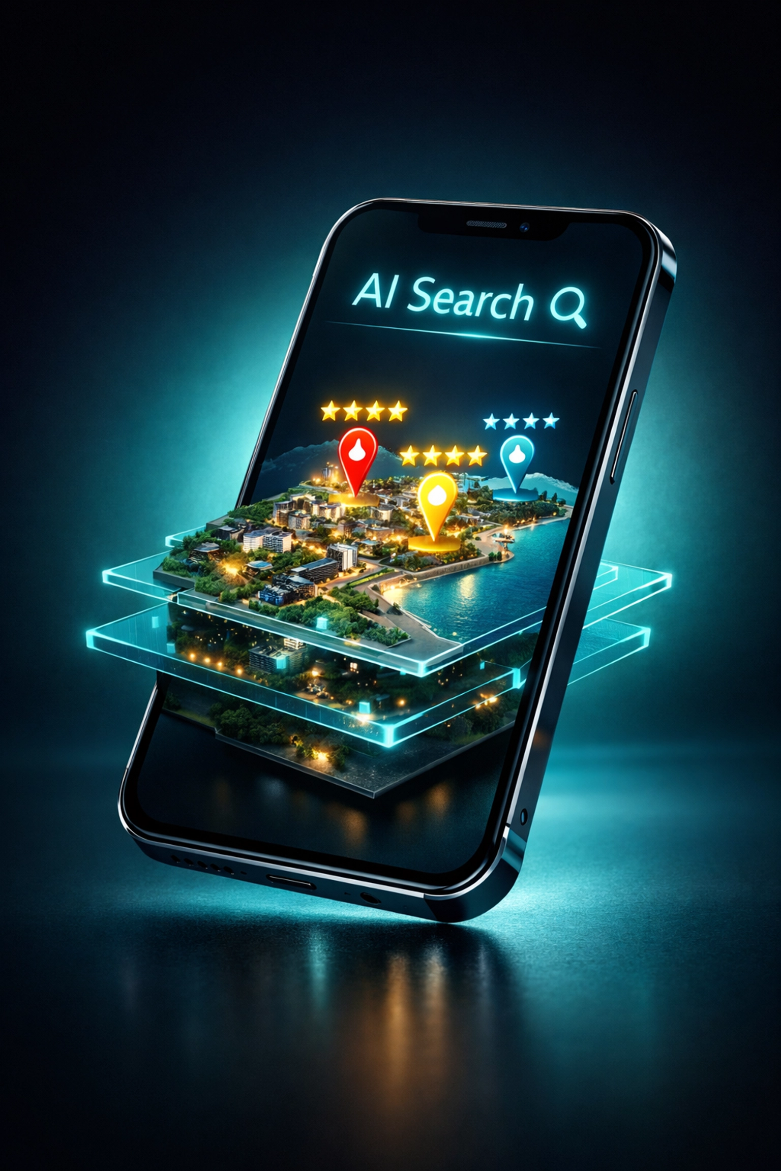 The Local Business Owner's Guide to Winning SEO Services in Sarasota County AI search interface on a mobile phone showing local business map rankings and star ratings for Sarasota SEO.