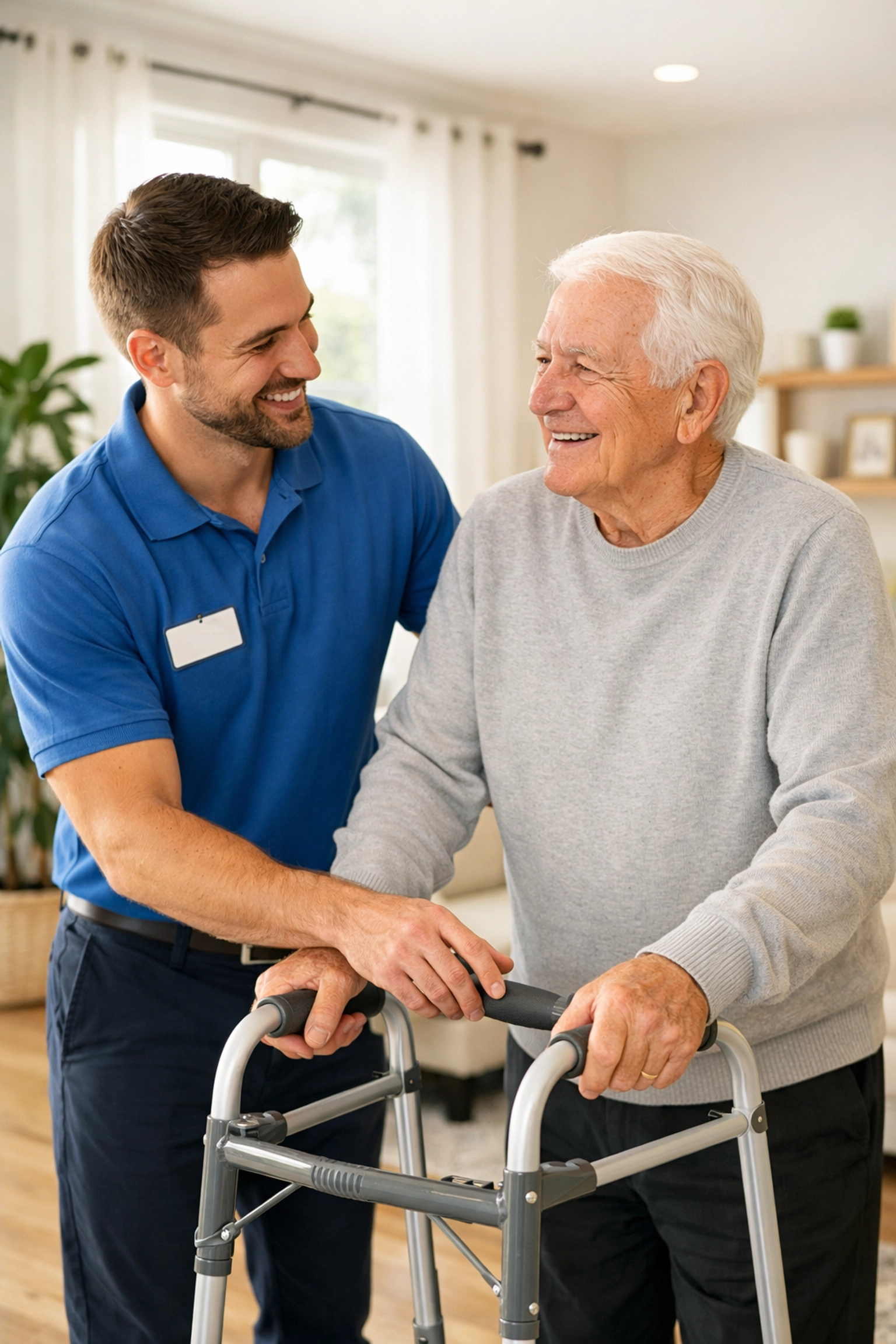A physical therapist helps an elderly man correctly adjust the grips on his walker for safety and comfort.