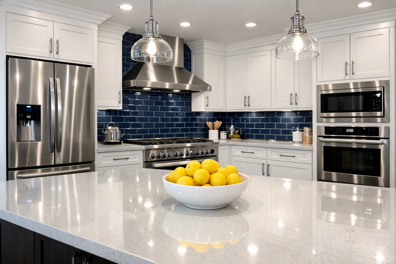 Spotless luxury kitchen with deep-cleaned white cabinets and polished quartz countertops for holiday hosting.