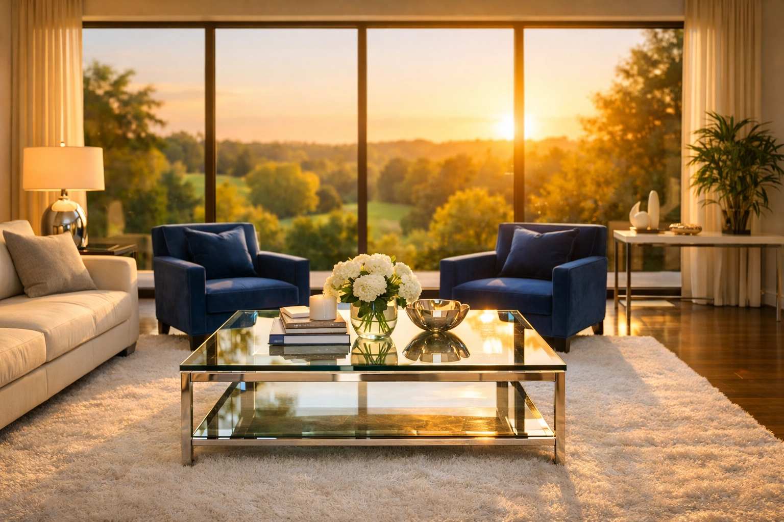 Spotless luxury living room in Weston overlooking Case Estates after a professional deep cleaning.