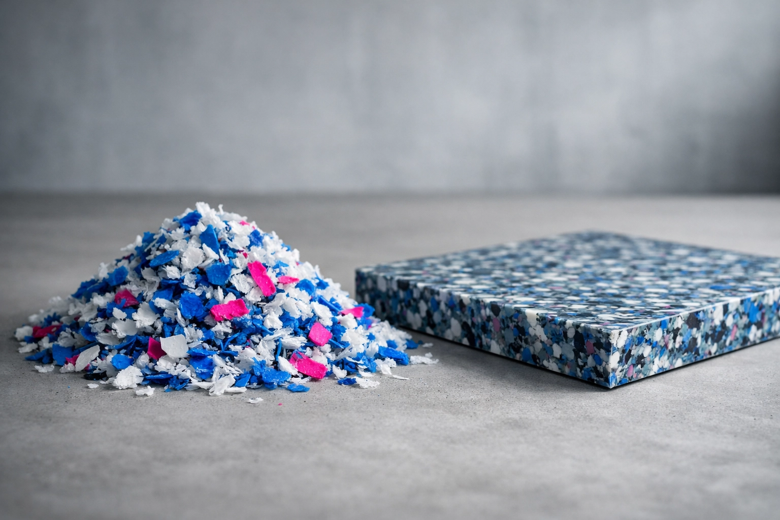 Transition from shredded Australian plastic waste to a durable finished recycled plastic panel.