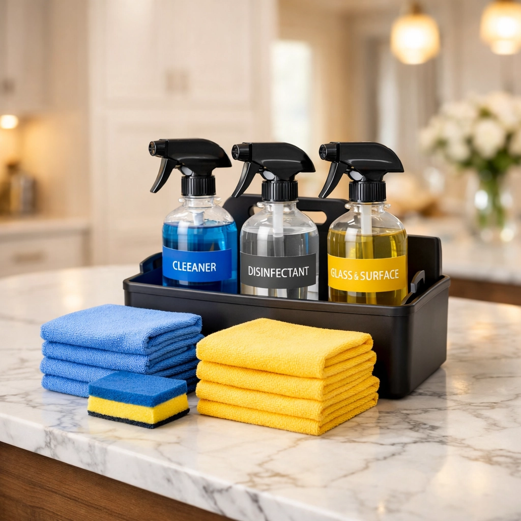 A professional cleaning kit on a marble counter, representing secure house cleaning services MA.