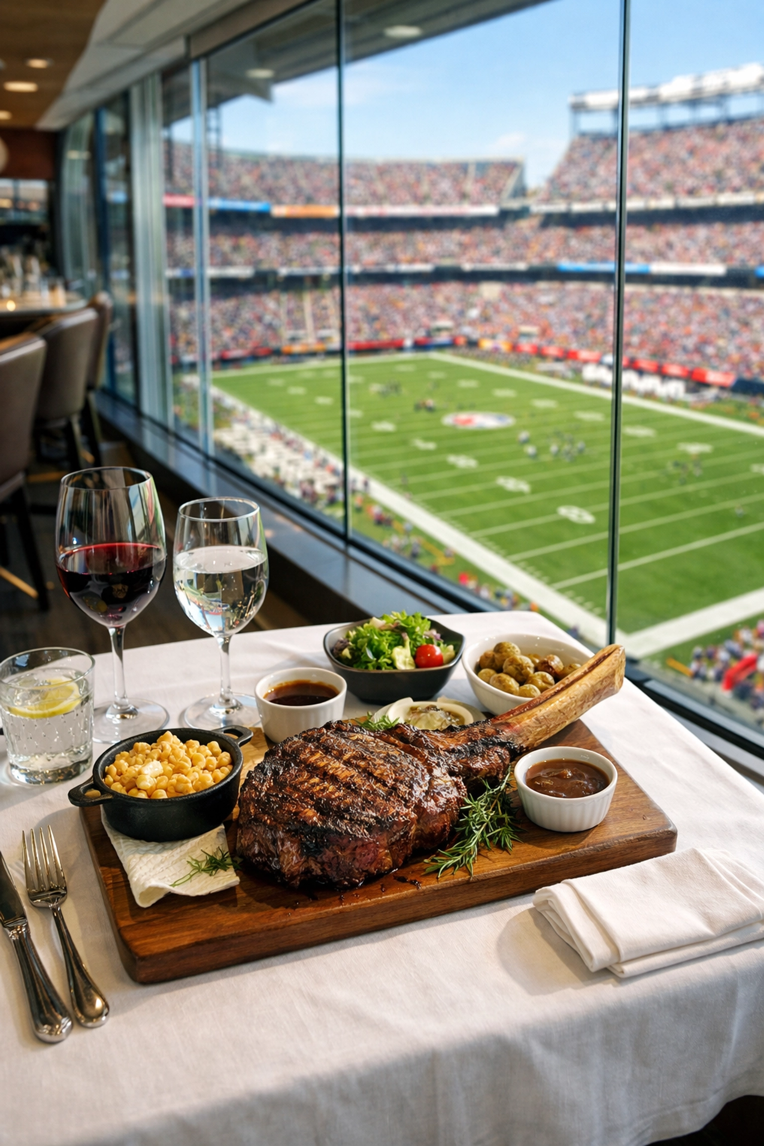 Gourmet dining inside a luxury stadium suite overlooking the football field for corporate hospitality events.
