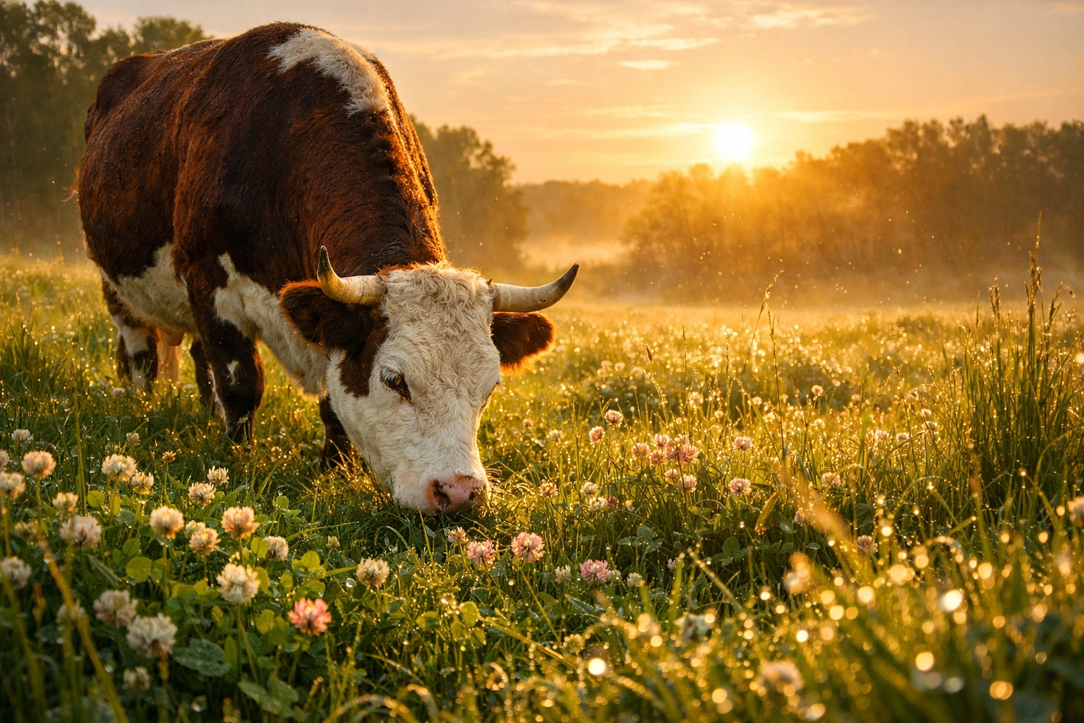 Grass-fed cow grazing in a pasture, the natural source of bioavailable vitamins in tallow skincare.