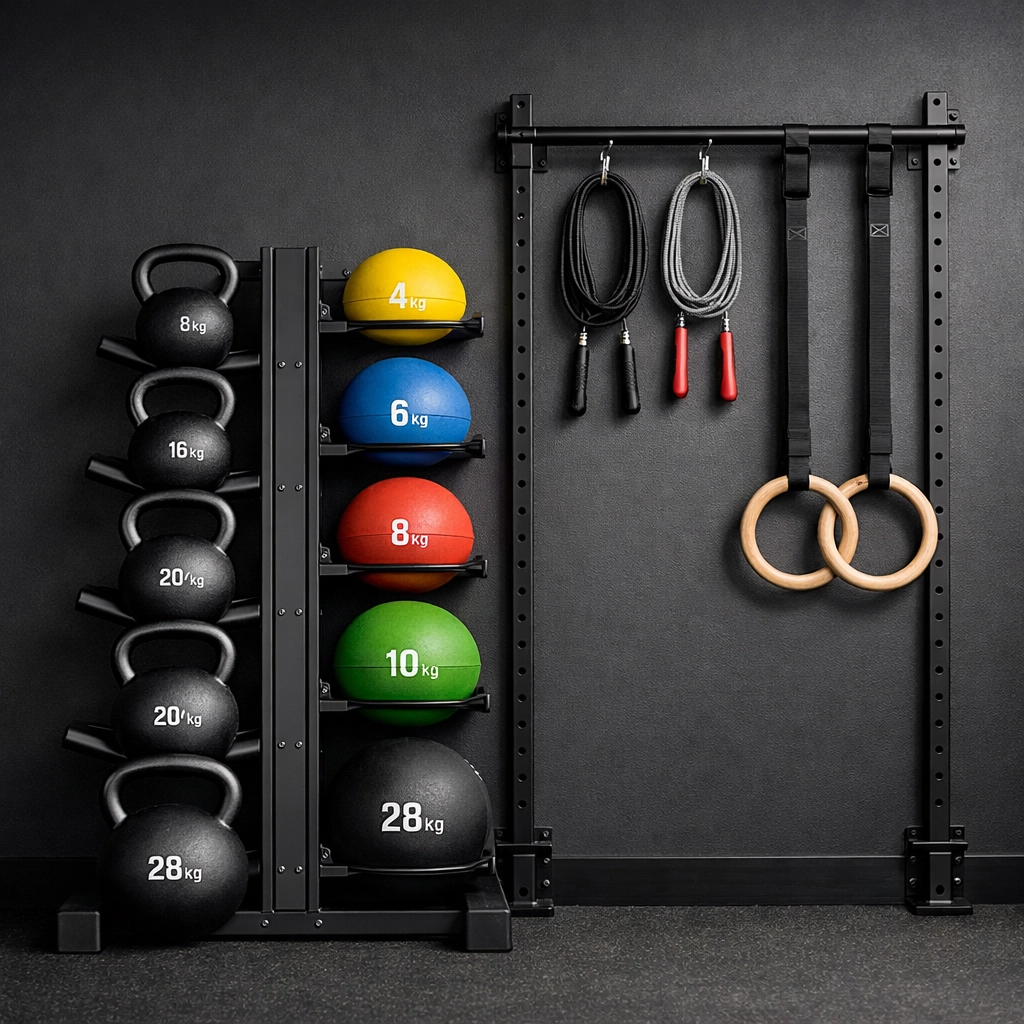 Organized versatile home gym featuring kettlebells and a floor-to-ceiling storage rail.