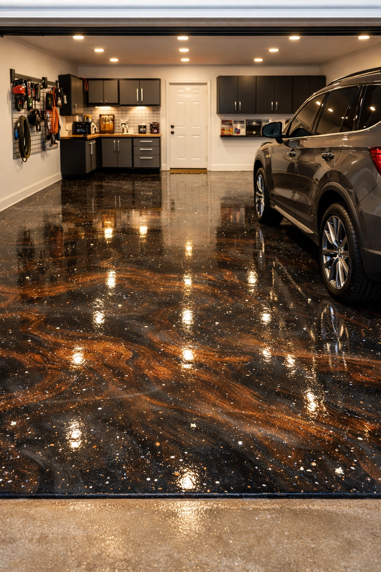 Modern Mississippi garage with durable polyaspartic floor coating and metallic finish