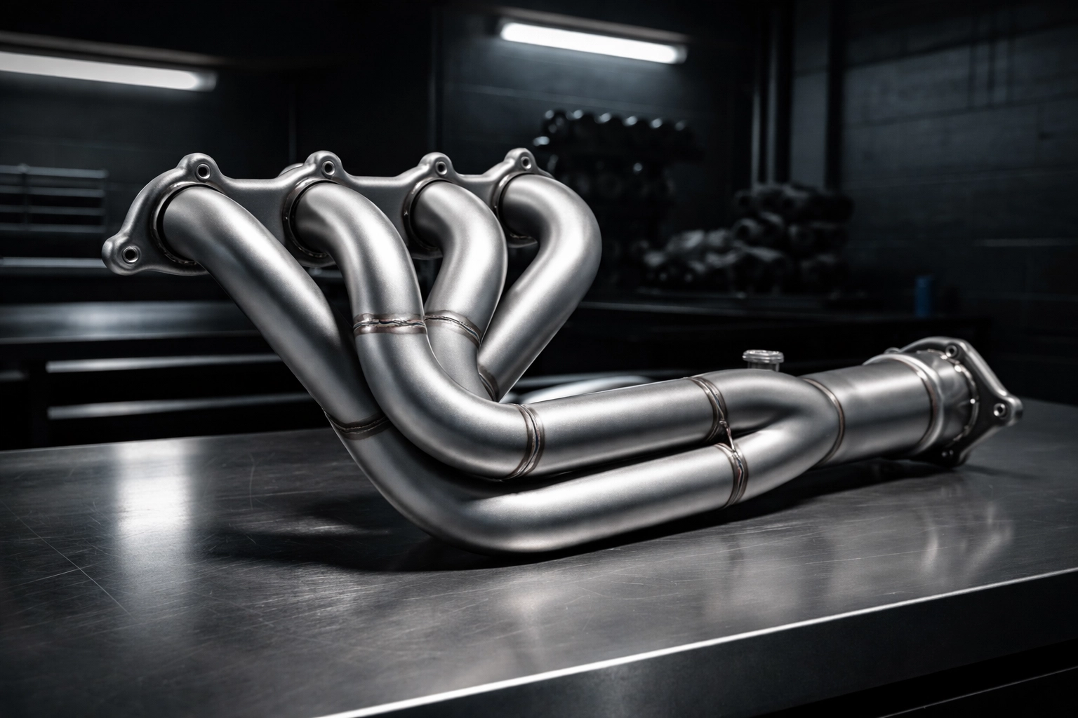 Ceramic-coated exhaust header system with smooth metallic finish on a workbench, highlighting durability and professional protection