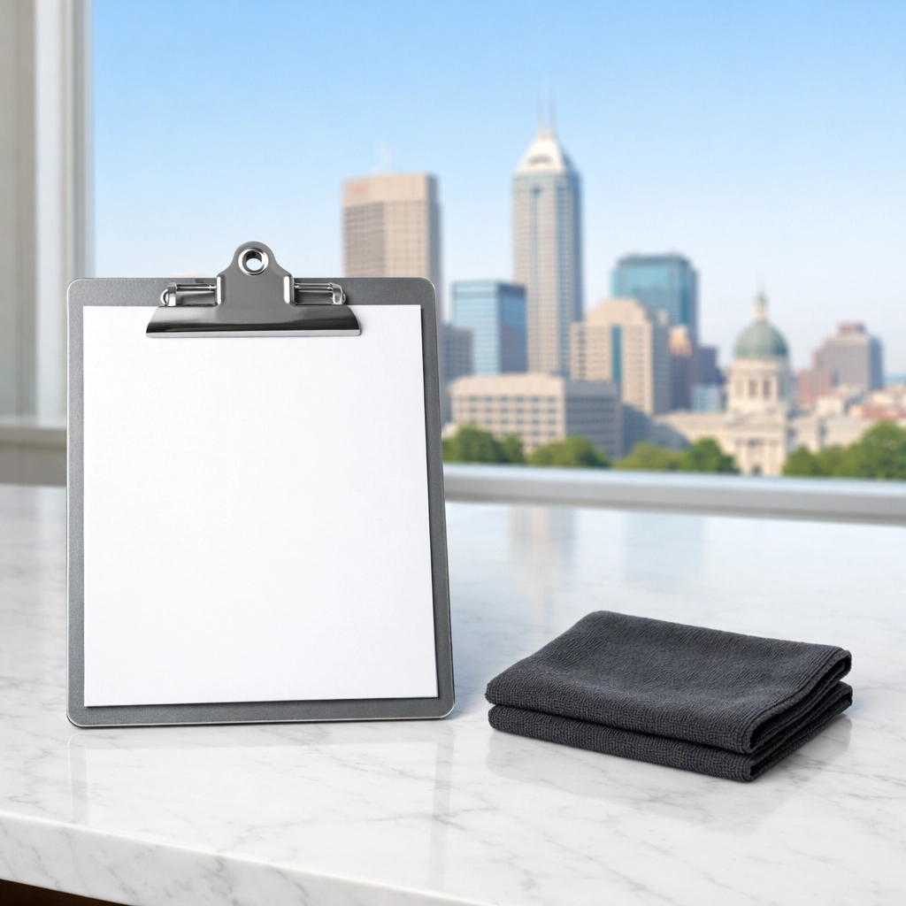 Professional cleaning checklist on a marble counter with the Indianapolis skyline visible through a window.