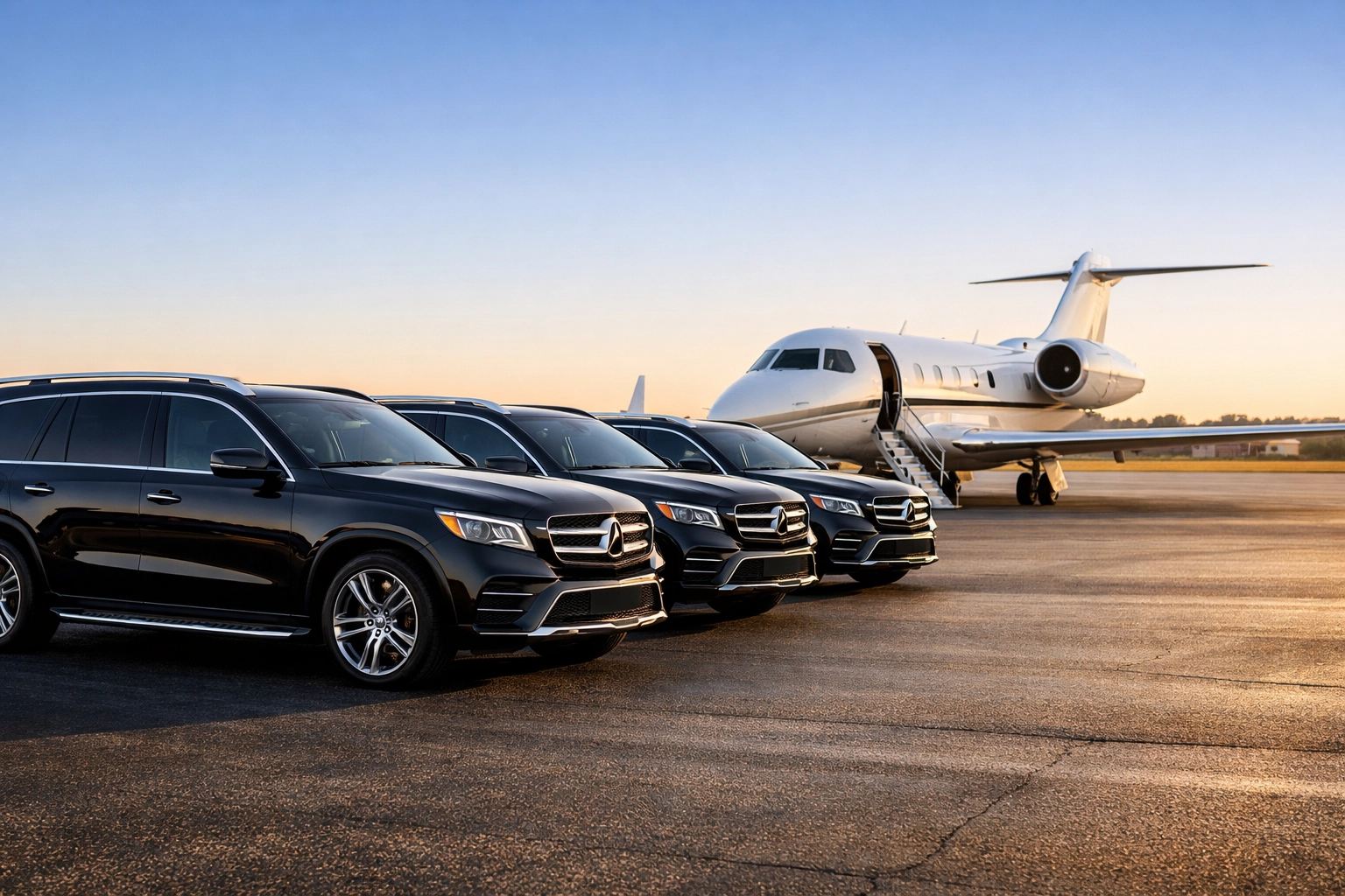 Elite Super Bowl transportation logistics featuring luxury SUVs and a private jet for executive travel.