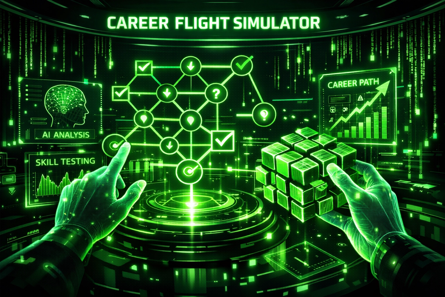AI-driven career simulator with holographic data, showing modern performance-based assessment over resumes.