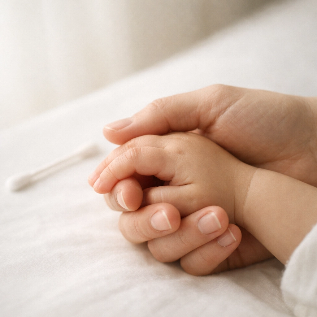 Parent holding child's hand with DNA cheek swab for court-ordered paternity test