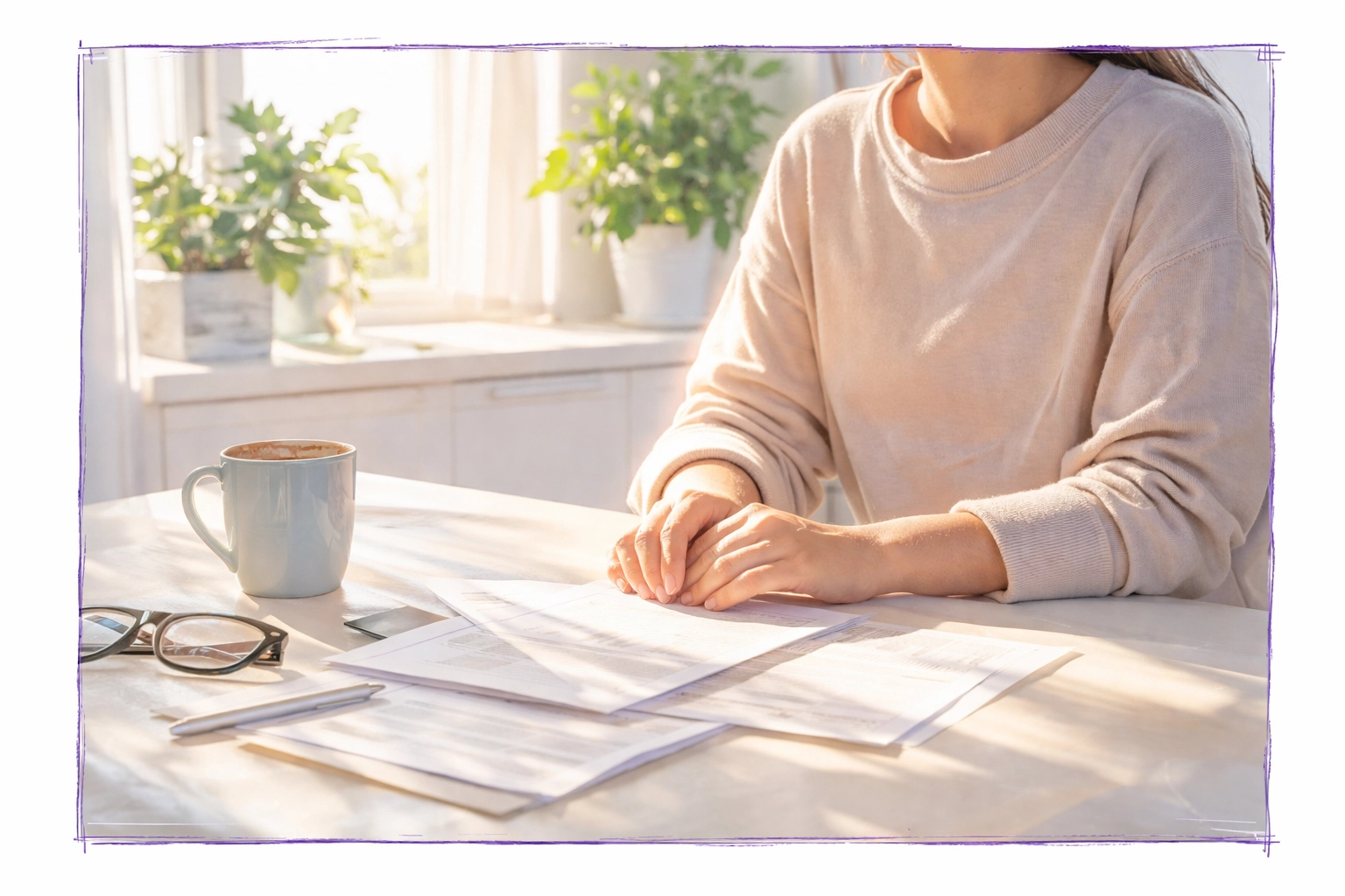 Person reflecting at sunlit kitchen table, considering real estate decisions and family transitions in Los Angeles Person reflecting at sunlit kitchen table, considering real estate decisions and family transitions in Los Angeles