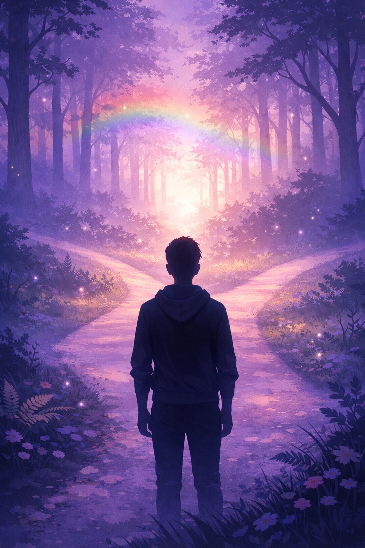 Queer person at crossroads choosing recovery journey path