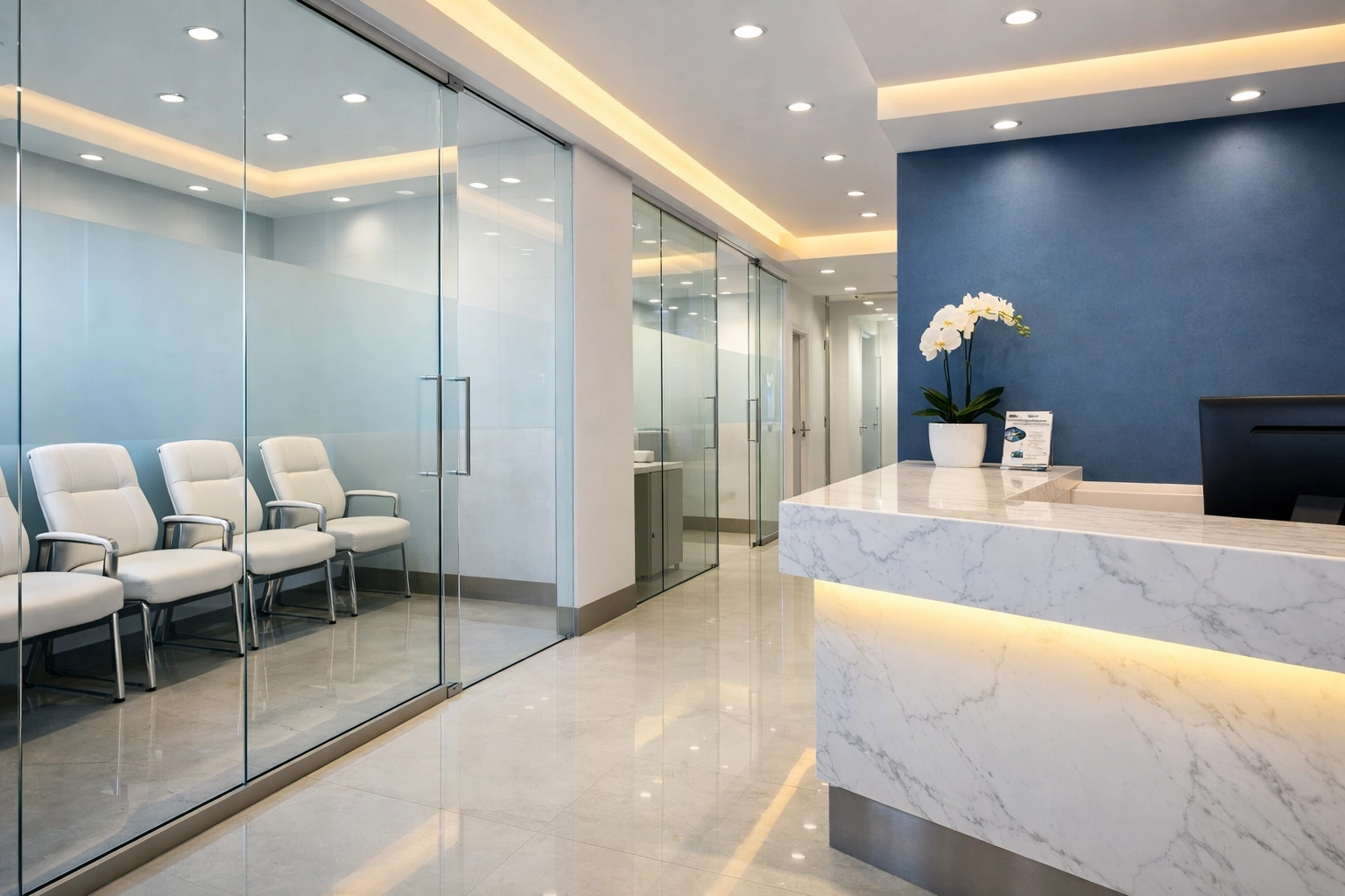 Sanitized medical office reception in Milton, MA featuring dust-free surfaces and glass partitions.
