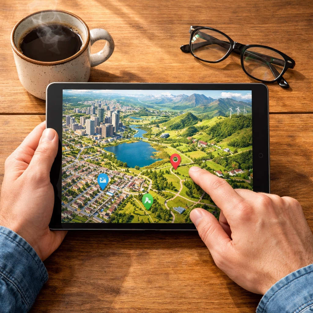 Person researching FHA and USDA mortgage locations on a tablet map.