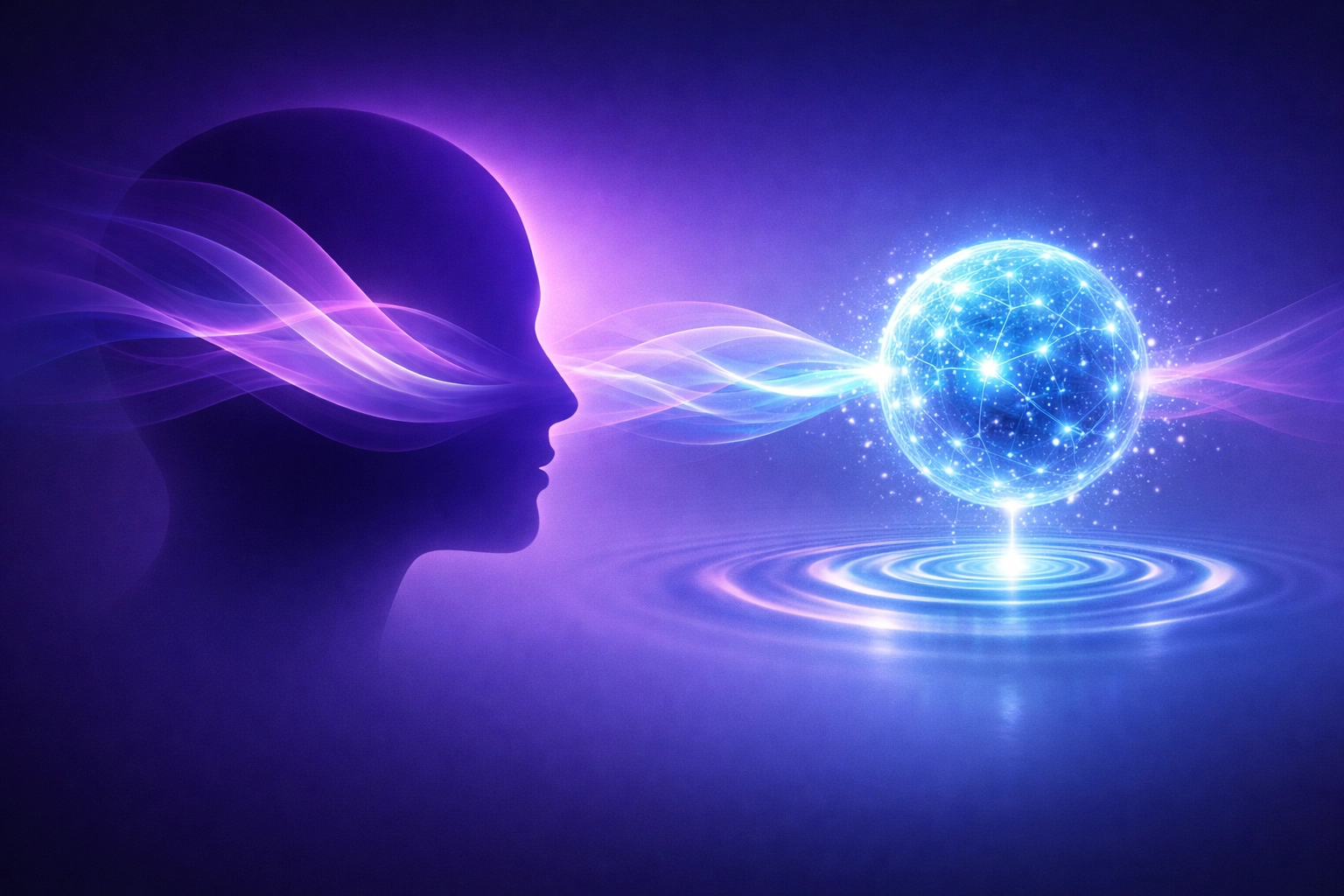 Abstract silhouette of a mind connecting with voice-based AI technology, aiding those with invisible disabilities.