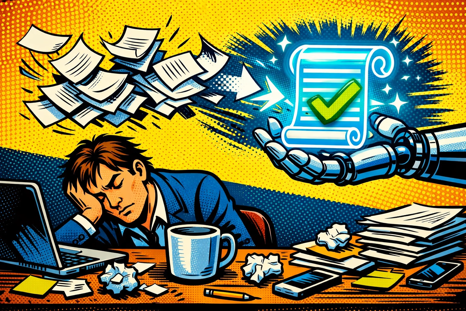 AI business automation tool organizing messy paperwork into a clean digital document for an entrepreneur.