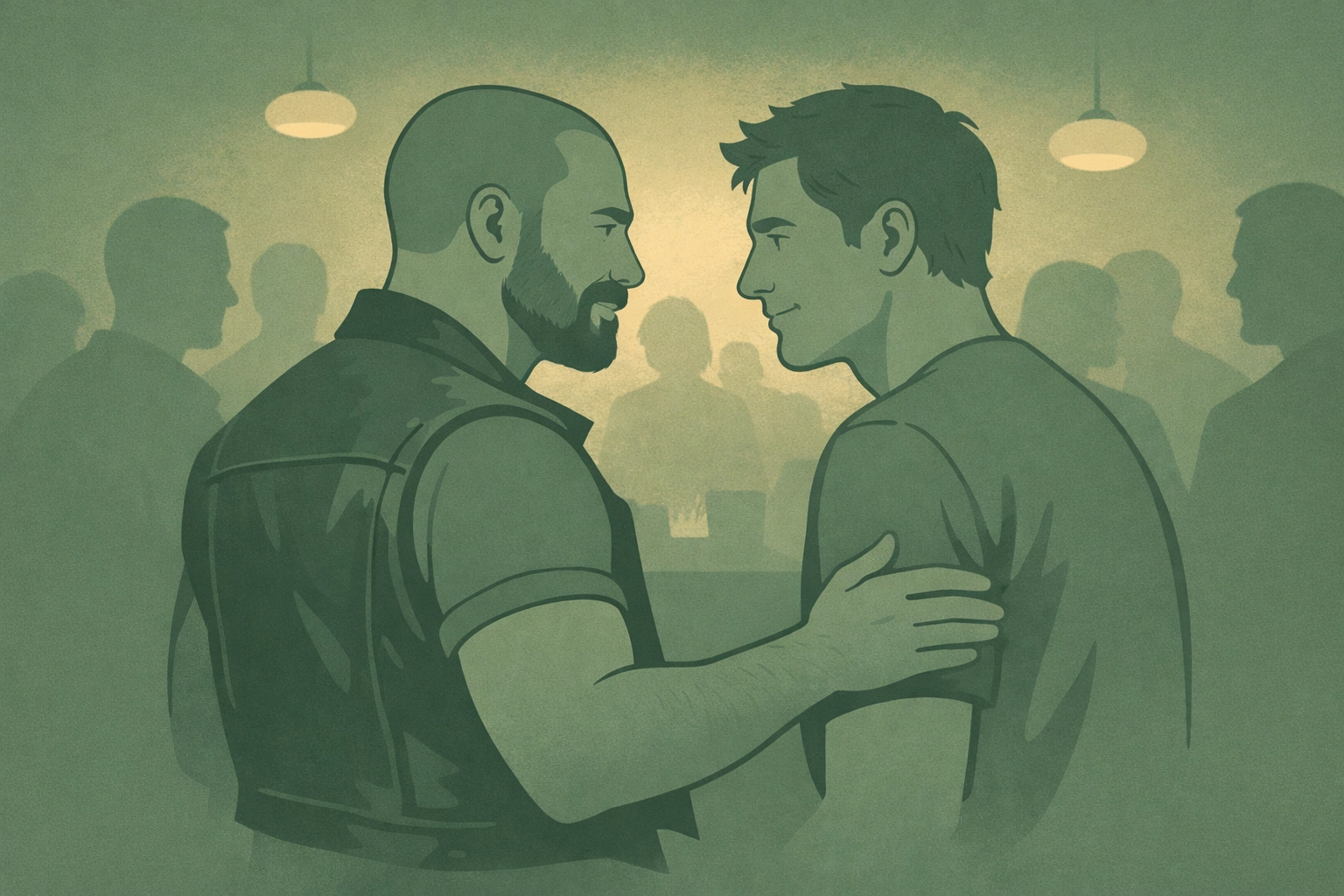 Two men in intimate conversation at leather community gathering showing respect