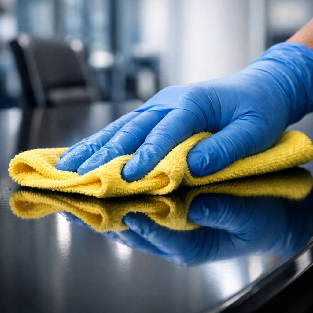 Professional hand sanitizing a conference table with a microfiber cloth during office cleaning in Bedford services.