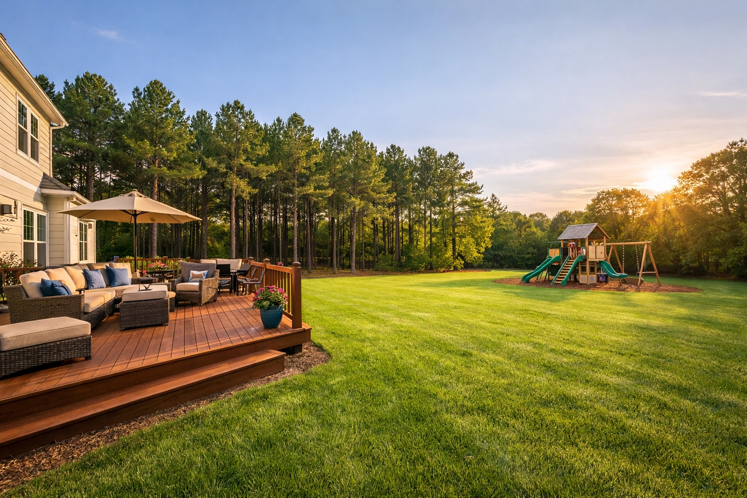 Spacious backyard with sun deck in Kernersville NC, perfect for USDA loan eligible homes.