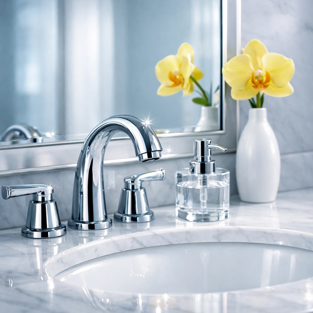 Gleaming fixtures and clean marble vanity in a professionally sanitized Fitchburg bathroom after an estate cleanout.