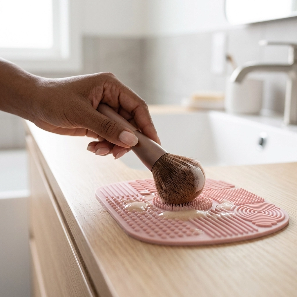 A close-up of a hand cleaning a makeup brush on a silicone mat in a warm, neutral-toned bathroom.