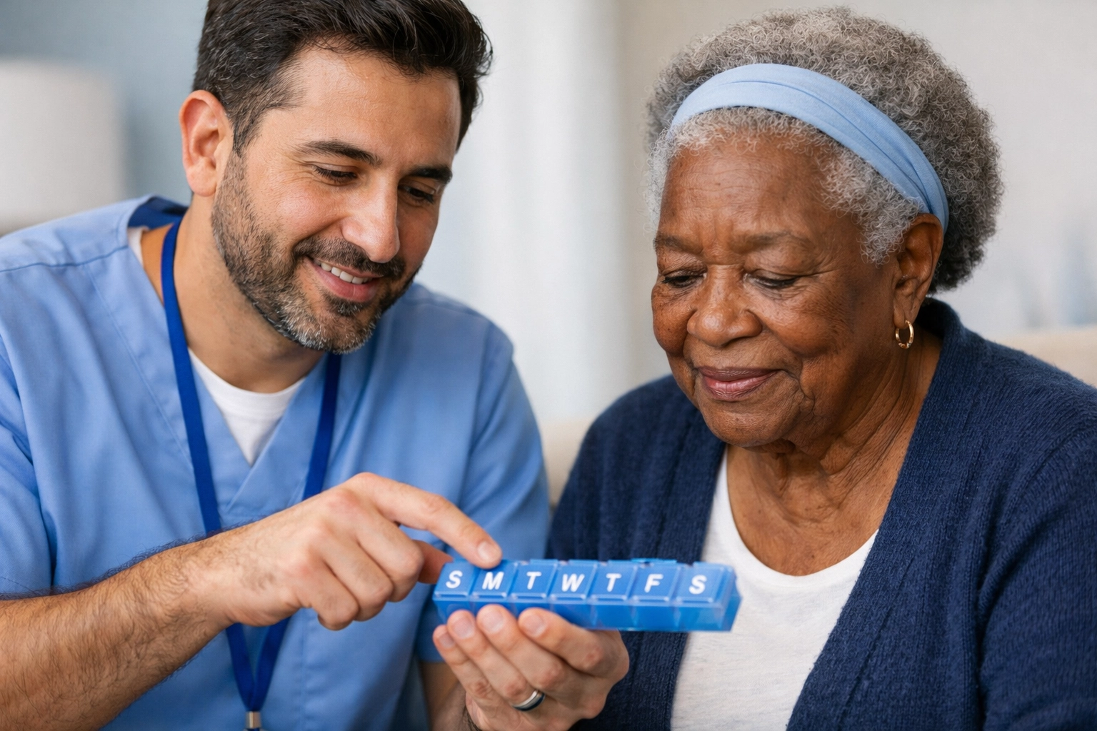 Compassionate home care caregiver holding elderly client's hand showing quality personal support