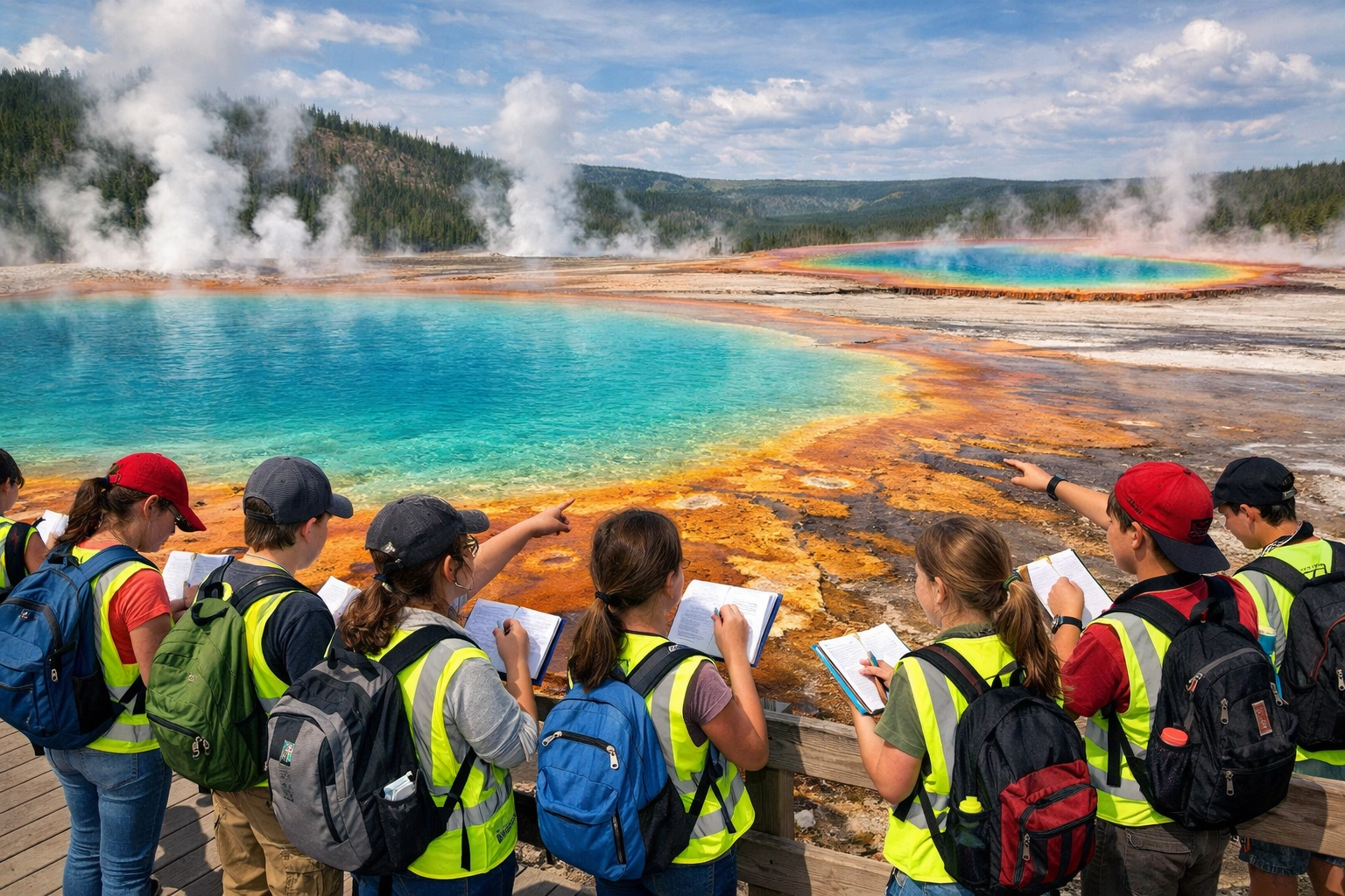 Students on boardwalk observing hot springs during class trip to Yellowstone National Park