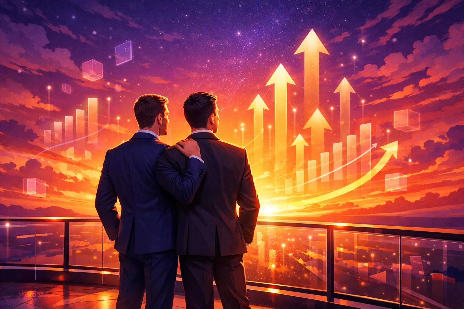 Two gay professionals tracking career growth and progress within a queer education framework.