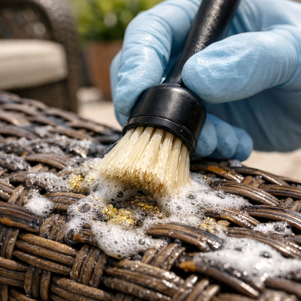 Expertly cleaning intricate wicker patio furniture with a soft-bristle detailing brush.