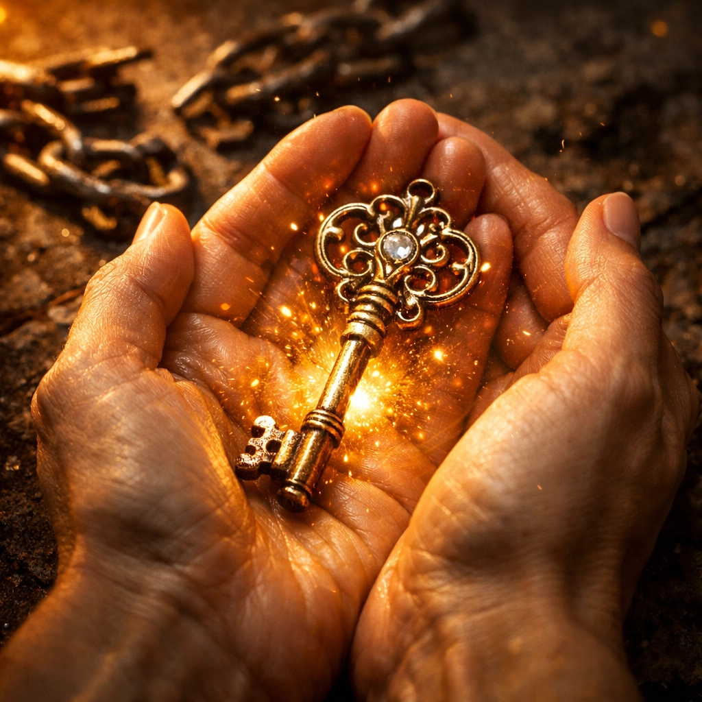 Hands holding a golden key over broken chains, symbolizing spiritual transformation and healing from bondage.