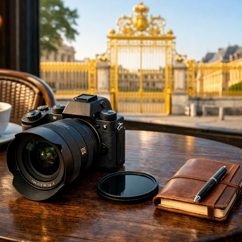 Camera gear and wide-angle lens for shooting the best photography locations at Versailles.