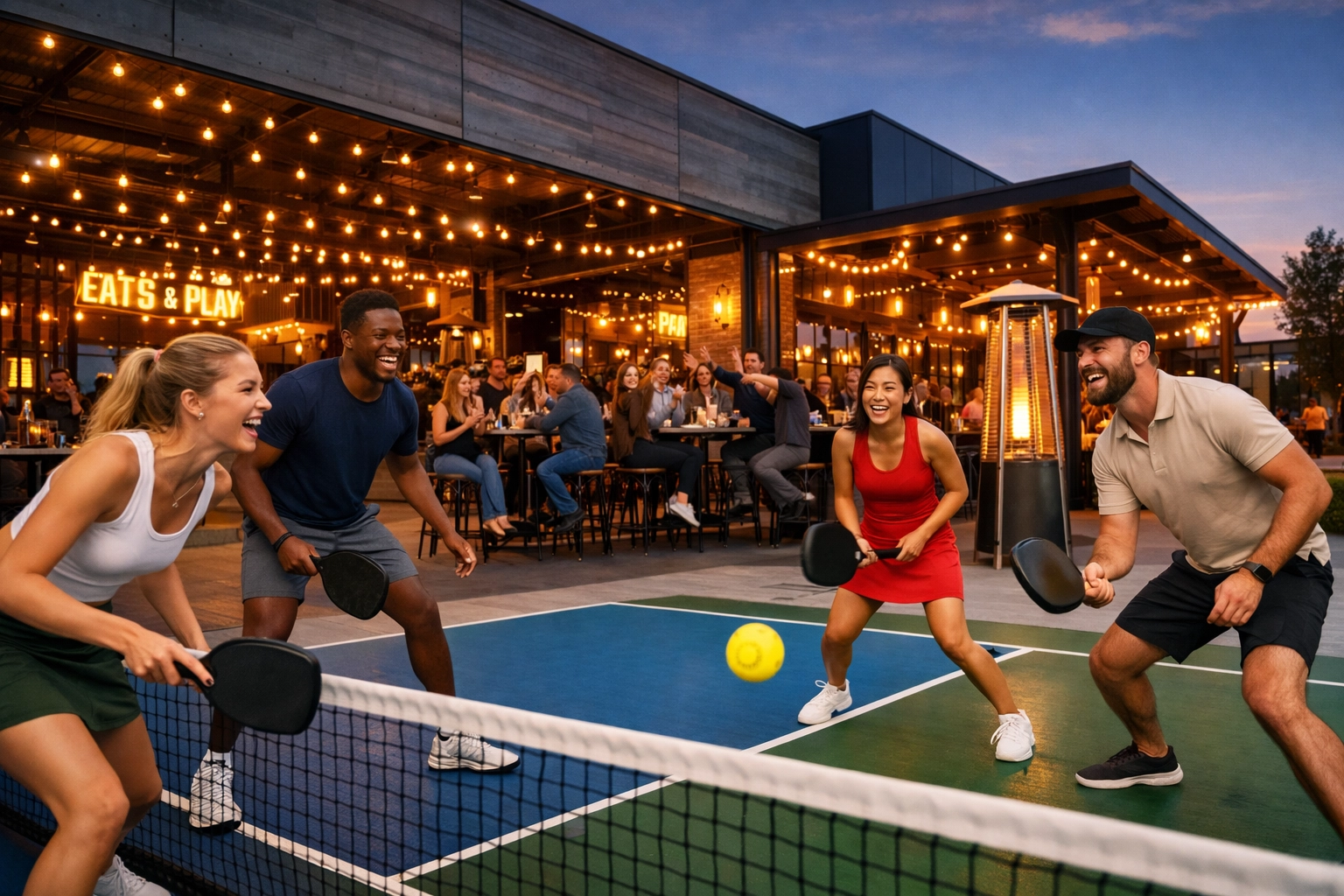 Young professionals playing pickleball at a modern bar with industrial outdoor seating at dusk.