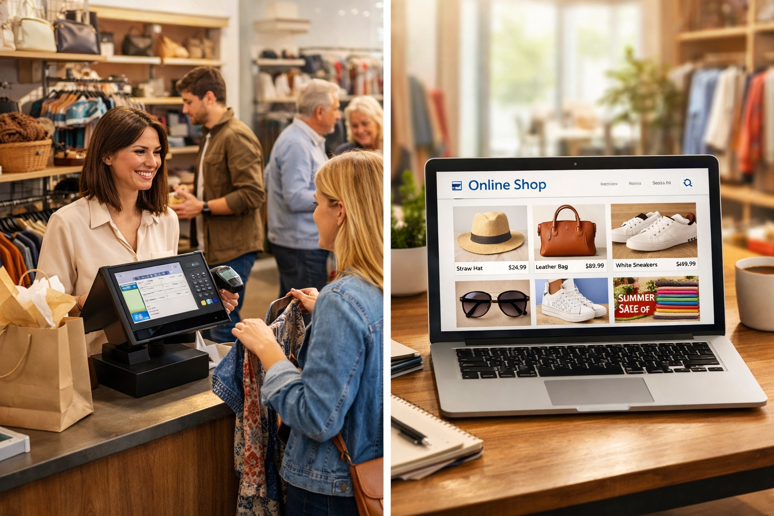 Multi-channel retail showing physical store and online shop integration with POS system