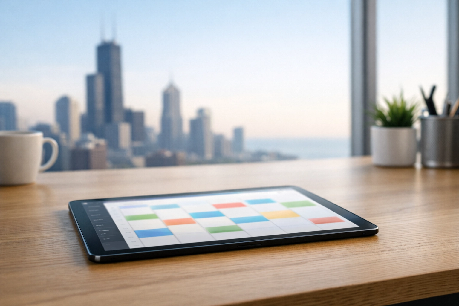Modern Chicago office desk showing a digital calendar for scheduling Midwest property turnover cleaning.